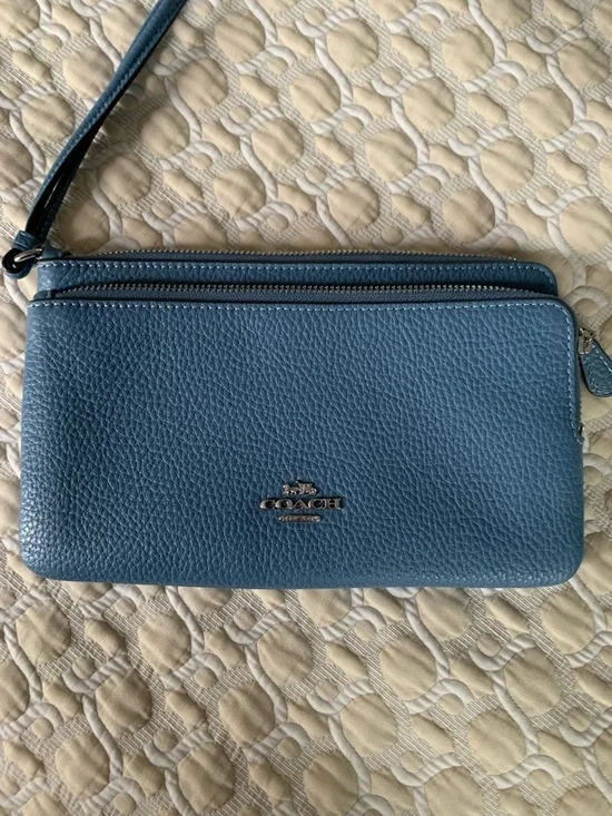 Coach Pebbled Leather Zip Wallet in Dusty Blue with Silver Logo - Picture 9 of 12
